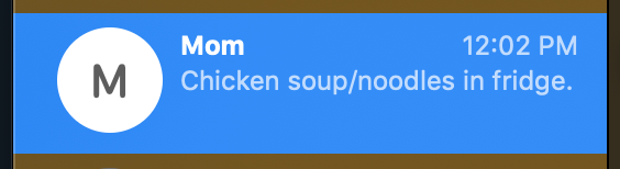 iMessage from my Mom: "Chicken soup/noodles in the fridge"