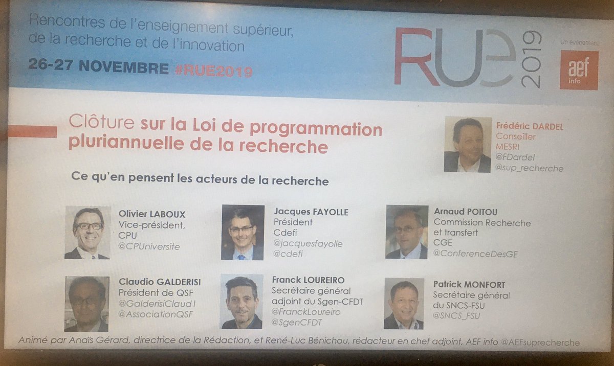 RencontresESR's tweet photo. #RUE2019 Clôture sur la #LPPR. Ce qu’en pensent les acteurs de la recherche avec @CPUniversite @jacquesfayolle @cdefi @ConferenceDesGE @GalderisiClaud1 @AssociationQSF @FranckLoureiro @SgenCFDT @SNCS_FSU https://t.co/T5YTUouho8