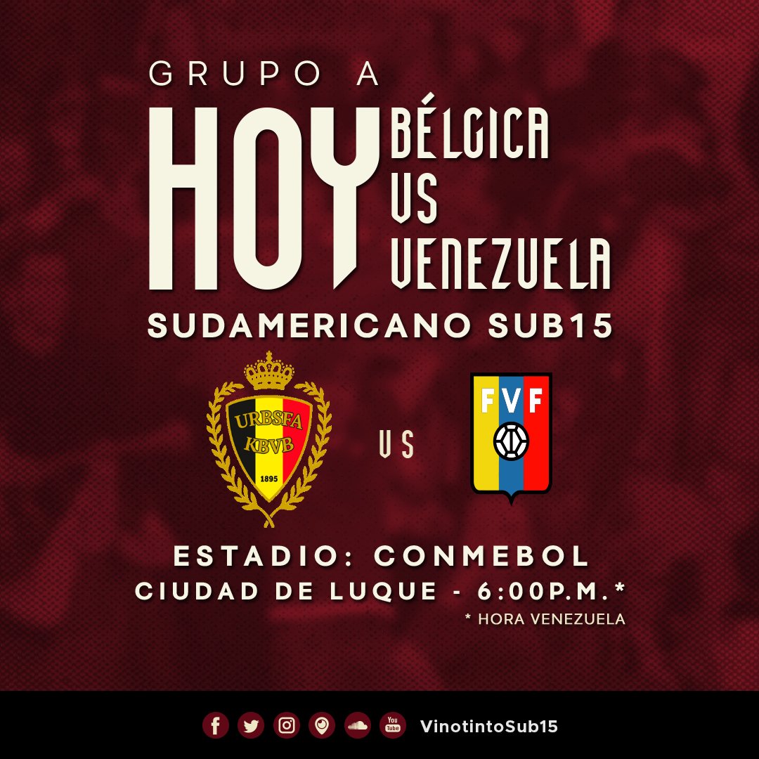 SeleVinotinto's tweet photo. La #VinotintoSub15 enfrentará esta tarde a Bélgica en la jornada 3 del Grupo A en el #SudamericanoSub15.

¡Queremos seguir haciendo historia! 💪🏻🇻🇪

Tu compañía será importante para nosotros: si estás en la ciudad de Luque, acércate a la cancha Conmebol. La entrada es gratuita. https://t.co/EDf1qjdRo0