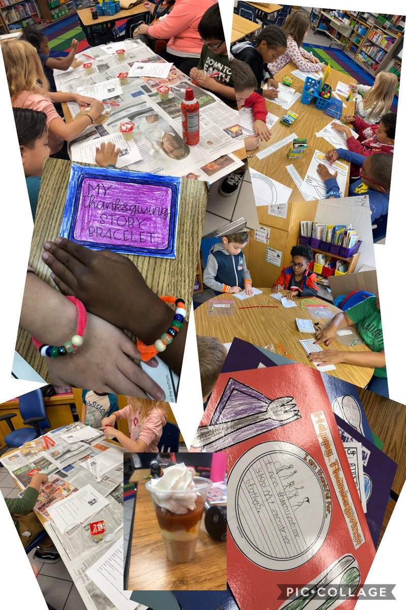 rlmeyer6's tweet image. Thanksgiving fun in Mrs. Caraballo’s room! Pumpkin pie in a cup, thanksgiving story bracelets, “I’m thankful” placemats and turkey math! #theclesway