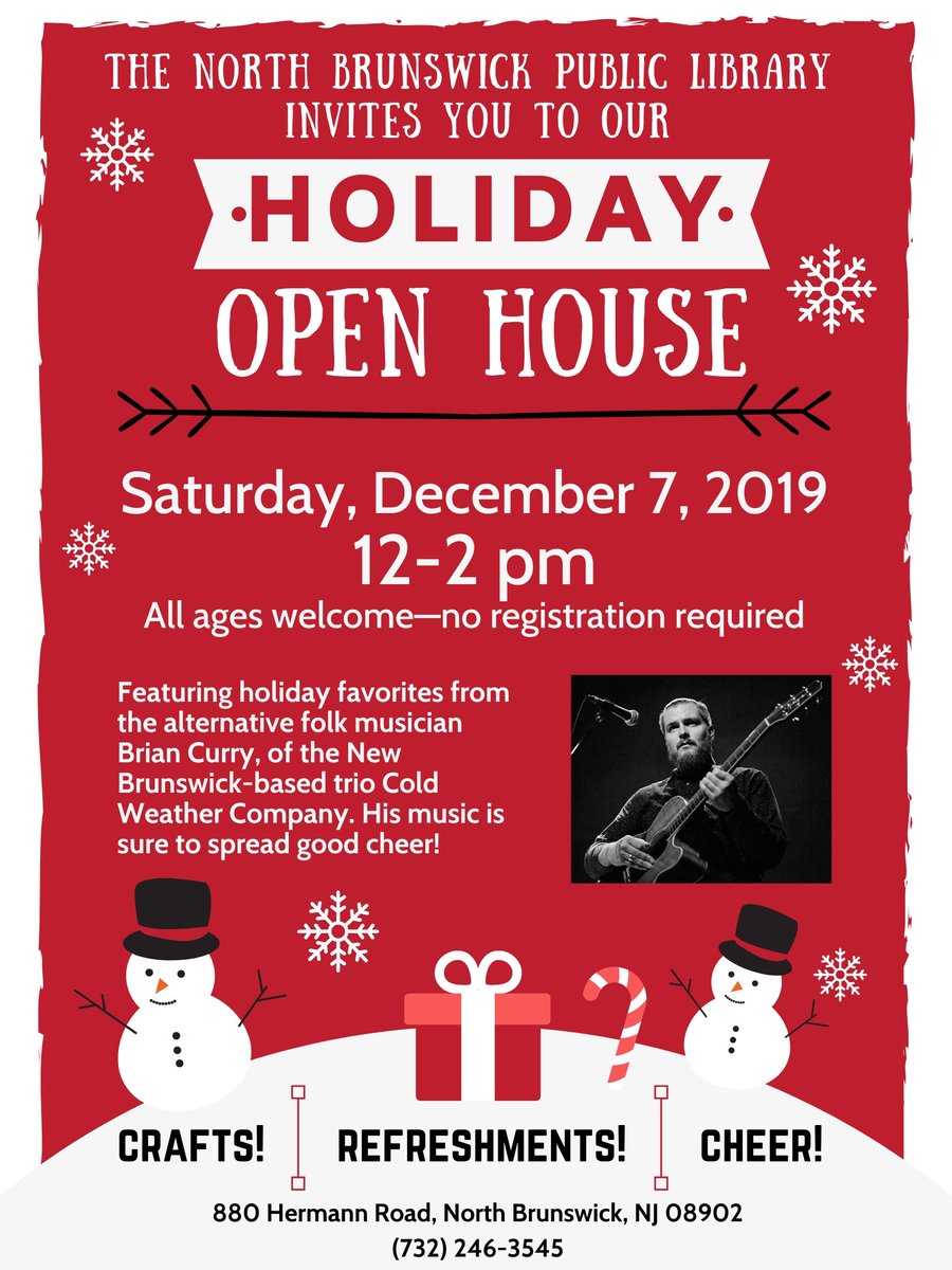 NoBrunsLibrary's tweet photo. There's no better way to welcome the festivities of December than joining us for a Holiday Open House on Saturday, December 7 from 12-2 PM. All ages are welcome for an afternoon of crafts, refreshments, music and cheer! https://t.co/nE7JV4uQBK