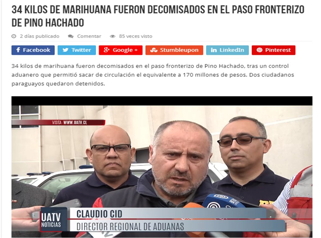 34 kilos de marihuana fueron decomisados en el paso fronterizo de Pino Hachado☑️ <a href="/UATVNoticias/">UATV | Noticias</a>  uatv.cl/2019/11/25/34-…
Esto tras un control aduanero que permitió sacar de circulación el equivalente a $170 millones. Dos ciudadanos paraguayos quedaron detenidos.