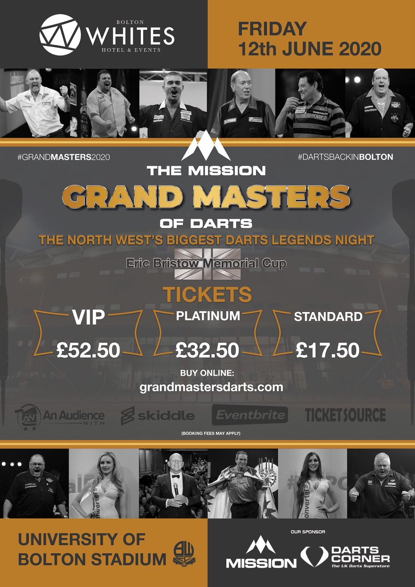 BIG named darts returns to the former home of UK Open <a href="/OfficialBWFC/">Bolton Wanderers</a> on Friday 12th June. 

Tickets from £17.50 available to purchase online from 1st December.

grandmastersdarts.com

#GrandMasters2020 #DartsbackinBolton
#EricBristowMemorialCup