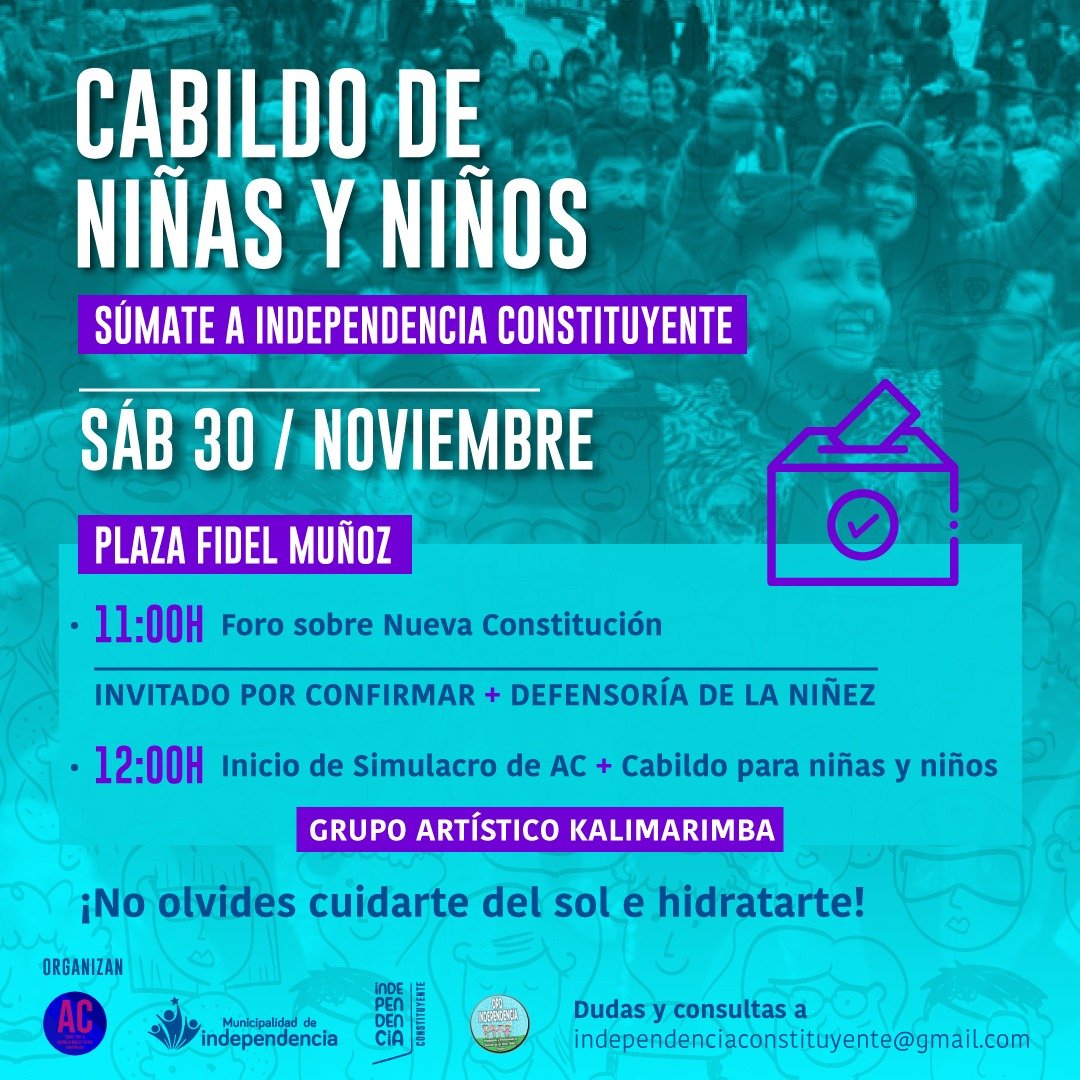 INDEP_DAEM's tweet photo. [👦👶] Porque tod@s contamos: Cabildo de Niñas y Niños este sábado 30/Nov en Plaza Fidel Muñoz. 11 Hrs. Foro sobre #NvaConstitución y 12 Hrs Cabildo y simulacro de #AsambleaConstituyente ¡L@s esperamos! Tu opinión es importante @Duranbaronti @Muni_Indep https://t.co/eYhWivz6tB