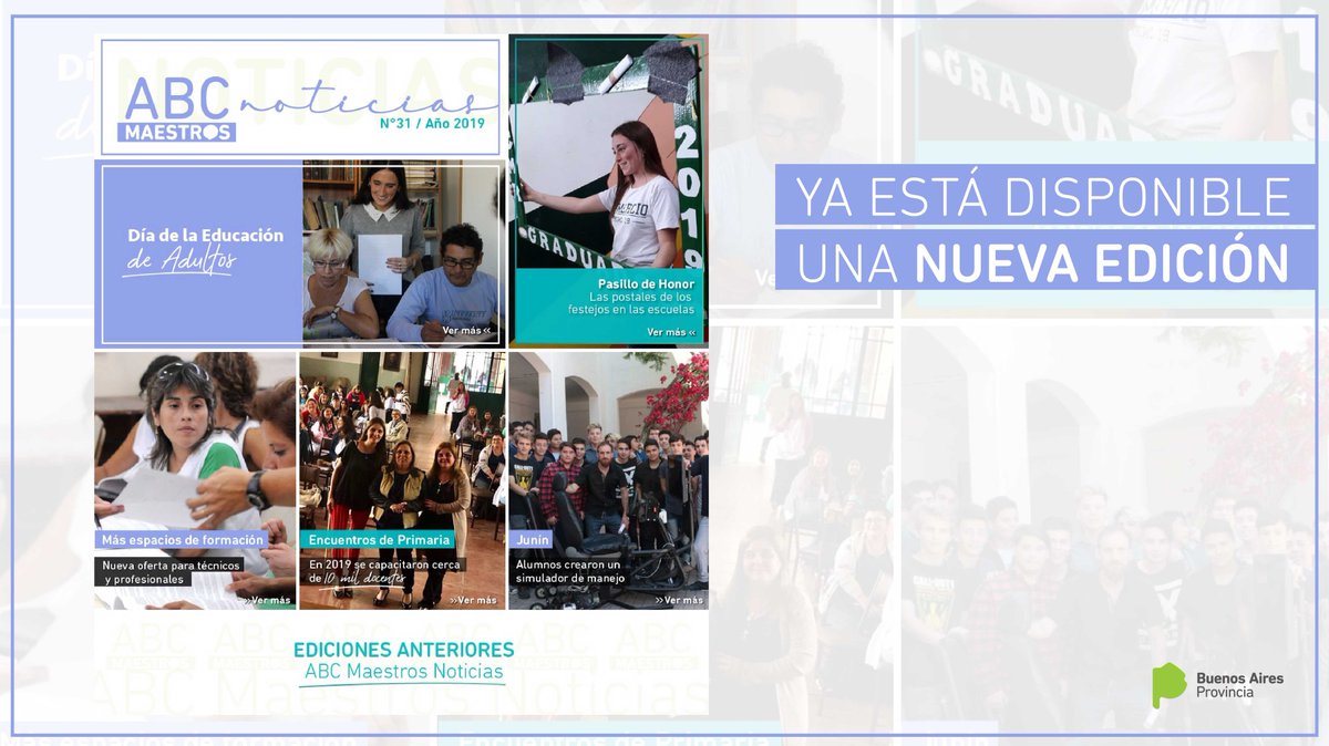 BAeducacion's tweet photo. El nuevo número de #abcMaestros noticias ya está en tu mail 📲 En esta edición, los festejos de los egresados en #PasilloDeHonor, las capacitaciones docentes en primaria, las nuevas ofertas formativas para técnicos y profesionales y más 👉 https://t.co/rGOKusgOfu https://t.co/NVEH2lc7BN