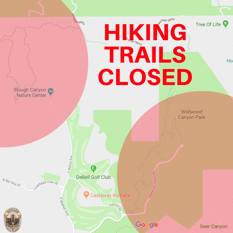 BurbankPD's tweet photo. HIKING TRAILS CLOSED [WEATHER]: The Stough Canyon hiking trails, Nature Center, and Wildwood Canyon recreation areas are all CLOSED until further notice due to inclement weather. Closures are expected to remain in place for the next several days. https://t.co/aJlInafYpG