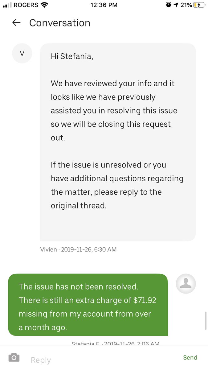 Stef_xox's tweet photo. This is great customer service. Not. I’m insisting over and over again that I’ve had an issue for over a month, but they’re like “nope, you’re good.” @Uber_Support https://t.co/JheNGQ4037