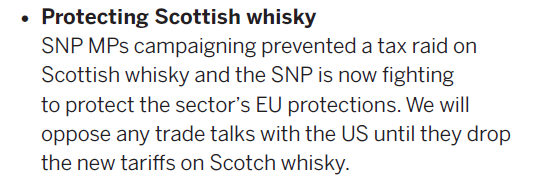 (Trade policy in the SNP manifesto, cont.)• Oppose any trade deal with the US until it drops its new tariffs on Scotch Whisky. https://www.snp.org/general-election-2019/ (p14)(These tariffs were raised by the US in WTO-authorised retaliation against Airbus subsidies. See next tweet)24/25