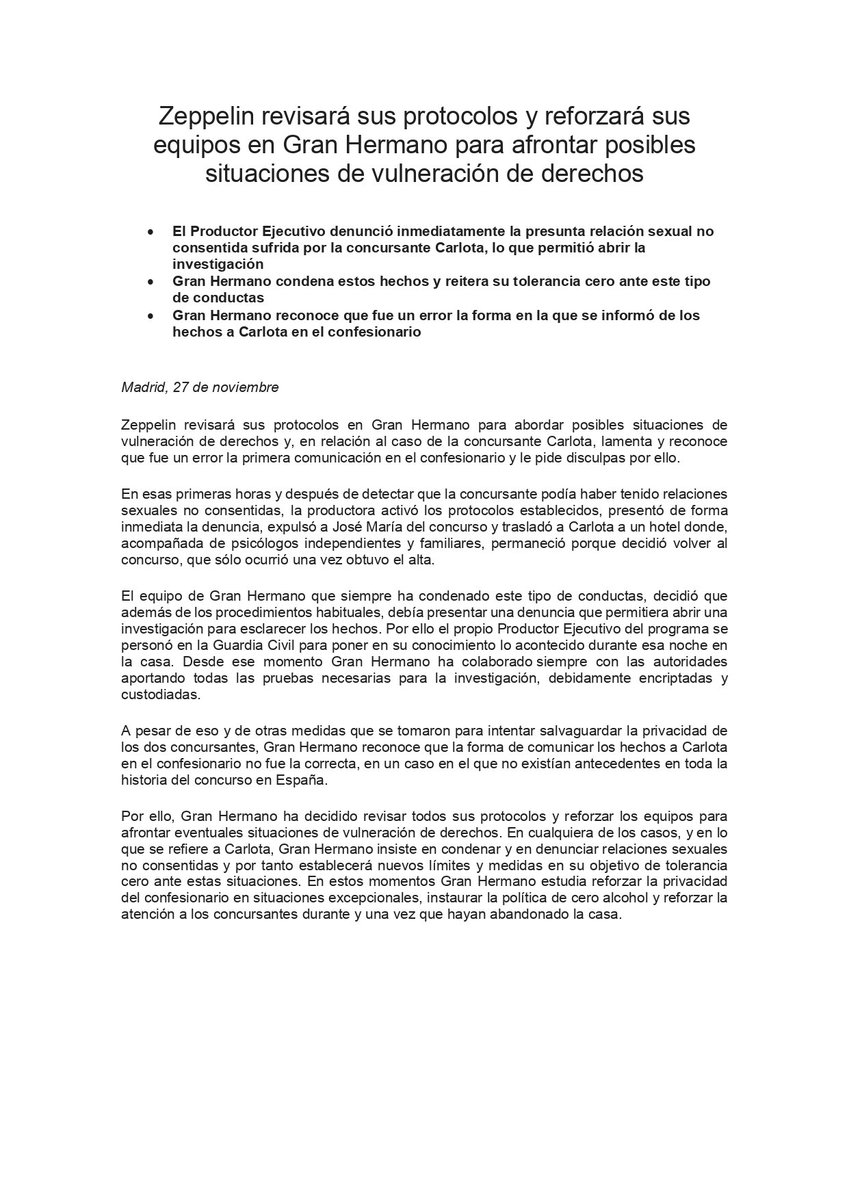 Zeppelin revisará sus protocolos y reforzará sus equipos en Gran Hermano para afrontar posibles situaciones de vulneración de derechos.