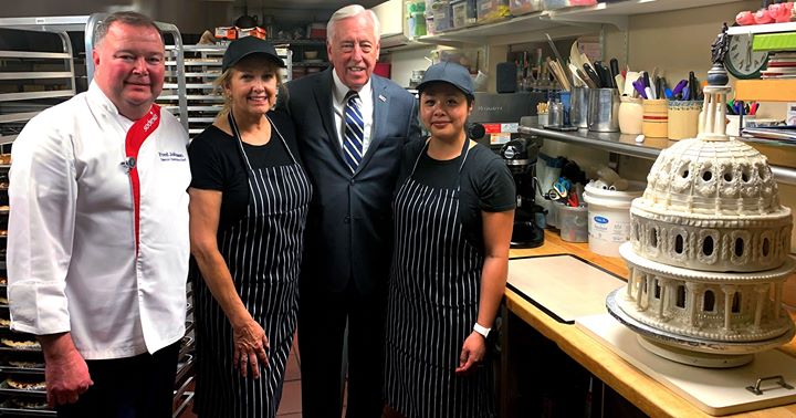 sodexoUSA's tweet photo. Thank you to @LeaderHoyer for stopping by the Charles Street Bakery in La Plata, MD yesterday! We shared how we're partnering to build this year's #GingerbreadCapitol - it requires some testing and careful handling, but the team is getting ready to move it very soon! https://t.co/da5U7ZbcUi