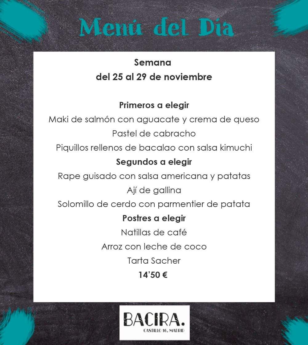 ¡Os recordamos que este es el último #menúdeldía del año! A partir de la semana que viene estaremos esperándoos para despedir 2019 en comidas y cenas de empresa y amigos... así que el próximo menú habitual será el 13 de enero. 

#menúdeldíaBacira #Chamberí