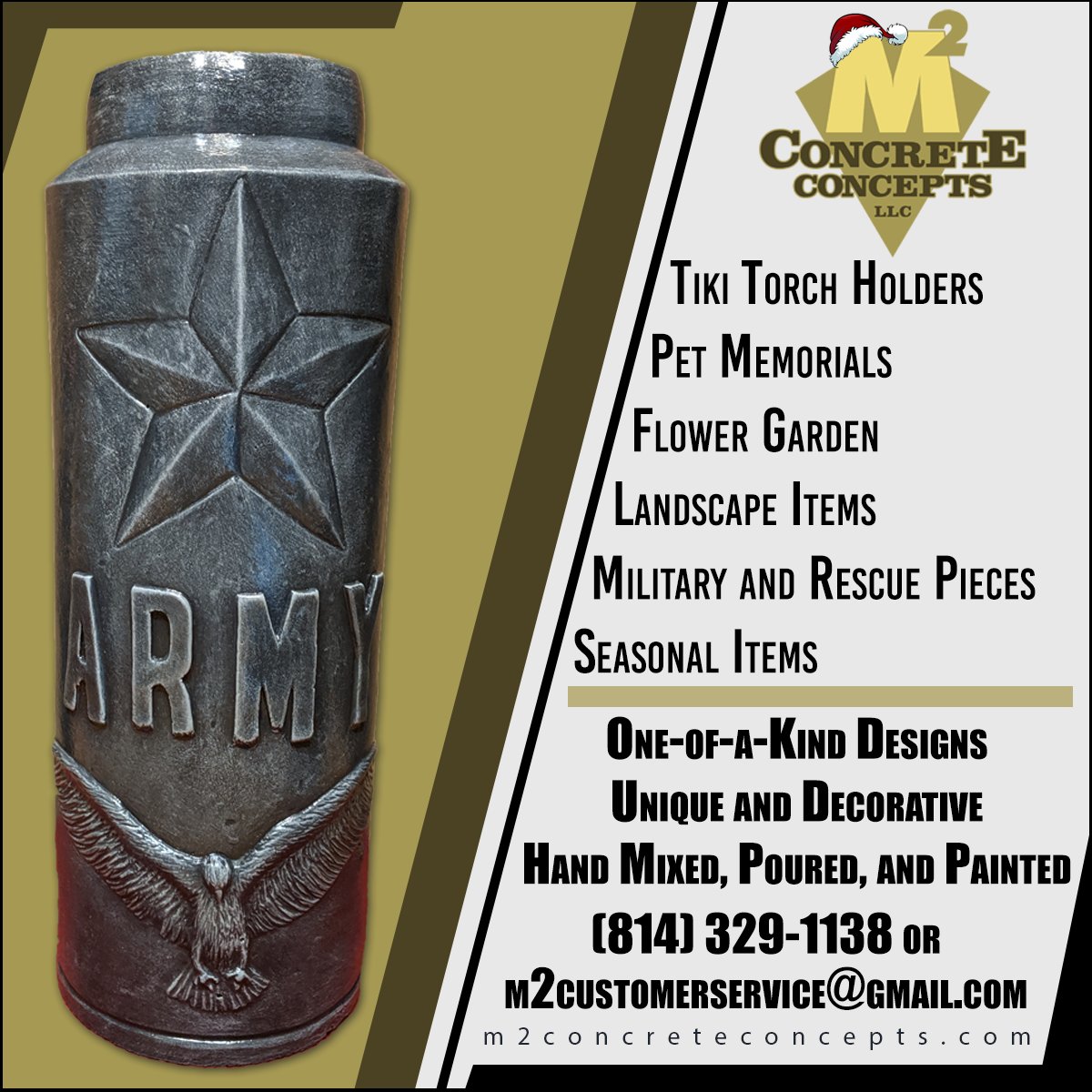 m2_concepts's tweet photo. Our NEW Army Tiki Torch/Solar Light Holder

31lbs, 16′ tall, 6×6 base

Our signature Tiki Torch/Solar Lights Holders were designed to help create a warm and cozy ambiance for outdoor gatherings.

https://t.co/pDgNsccRZj

#army #navy #military #marines #coastguard #pennstate https://t.co/3d1gFzPacY