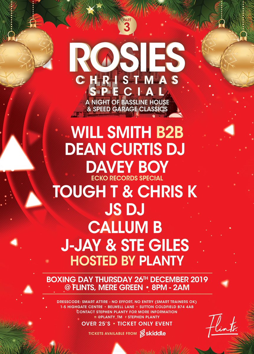 SwankysEvents's tweet image. ROSIES / PART 3 / CHRISTMAS SPECIAL / BOXING DAY 🎄🎊🎉🥂

Over 25s / Smart Attire / Ticket Only 

Tickets here &amp;gt;&amp;gt;&amp;gt; skiddle.com/e/13643144