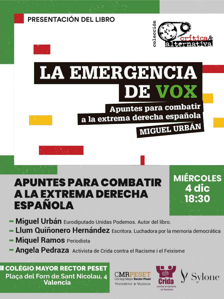 CridaCr's tweet photo. La Emergencia de Vox. Apuntes para combatir a la extrema derecha española. El pròxim 4 de Desembre a les 18:30  tindrem el plaer d'escoltar i debatre amb l'autor del llibre @MiguelUrban, acompanyat del periodista @Miquel_R, l'escriptora Llum Quiñonero i la nostra companya Angela! https://t.co/3yXYZNxR9y