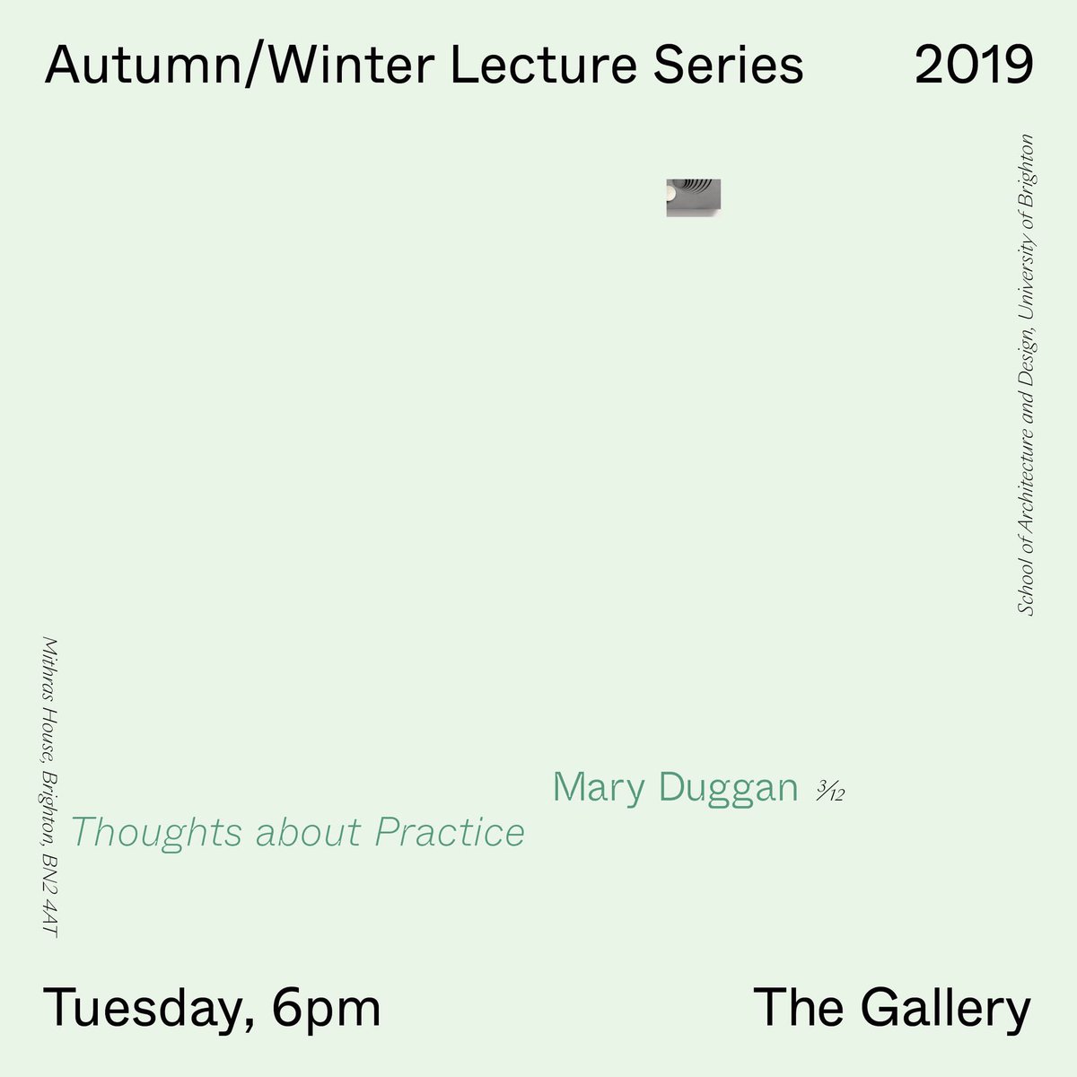 Thrilled that next week we welcome <a href="/duggan_mc/">McDuggan</a> to <a href="/uniofbrighton/">University of Brighton</a> to give the last but one of this terms Public Lectures. Thoughts on Practice starts at 6pm on 03rd December. All welcome so come along! #SoAD