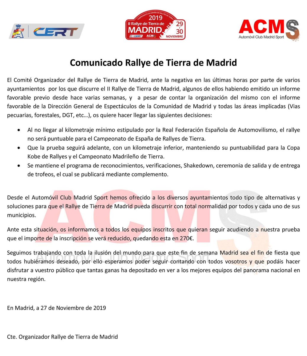 COMUNICADO OFICIAL

Publicamos el comunicado emitido en la tarde de hoy por parte del Comité Organizador. 

A pesar de la no puntuabilidad para el CERT, seguiremos adelante con la prueba con un formato más reducido que os detallaremos en las próximas horas.