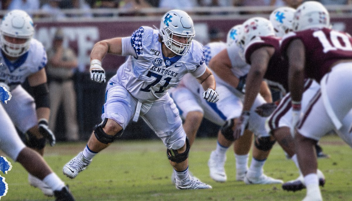 UKFootball's tweet photo. All-America candidate and member of Kentucky's @JoeMooreAward semifinalist offensive line @LBStenberg.

No sacks allowed or missed assignments in 664 plays this season.

85 knockdown blocks and 179 blocks at the point of attack.

#BringIt 😼🏈 https://t.co/A2gD93v3nt
