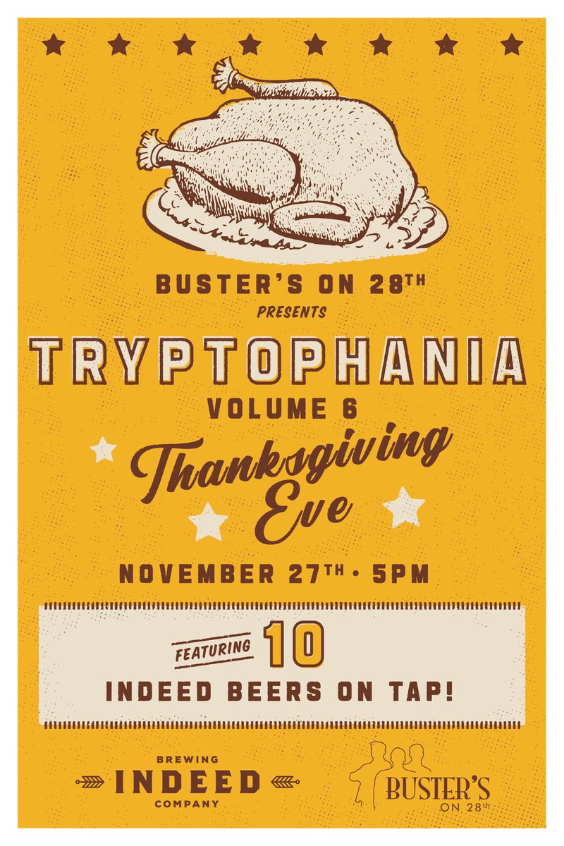 Matt Plank (@indeedrepmatt) on Twitter photo Today! Get to <a href="/Busterson28th/">Buster's on 28th</a> for these beers to give Thanks for: Flavorwave IPA, Taiga IPA, Zwickelbier, Stir Crazy Porter w/ Raspberries & Cacao, Strange Charm BA Ale, Old Breed BA Barleywine, Whiskey Queen, Rum King w/ Espresso & Vanilla, Liliko'i, & Manhattan Cherry Dust. Today! Get to <a href="/Busterson28th/">Buster's on 28th</a> for these beers to give Thanks for: Flavorwave IPA, Taiga IPA, Zwickelbier, Stir Crazy Porter w/ Raspberries & Cacao, Strange Charm BA Ale, Old Breed BA Barleywine, Whiskey Queen, Rum King w/ Espresso & Vanilla, Liliko'i, & Manhattan Cherry Dust.