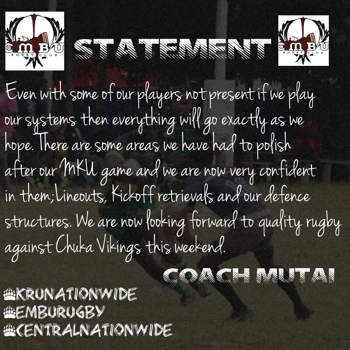EmbuDragons's tweet photo. Some words from our coach @petermutairugby ahead of our game this Saturday against our all time rival Chuka Vikings.
#KRUnationwide
#nationwideleague
#emburugby https://t.co/uKAKz7y7U4
