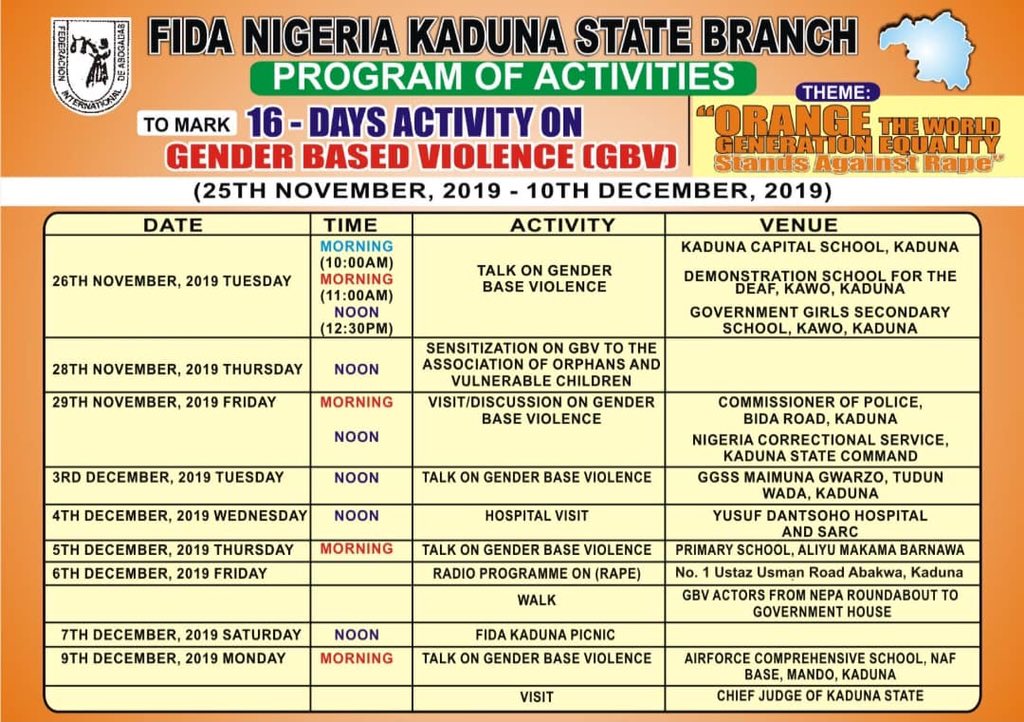 Join <a href="/fidakaduna/">FIDAKADUNA</a> in marking the 16 Days Activism on Gender Based Violence GBV from 25th November,2019 to 10th December,2019 <a href="/UNFPANigeria/">UNFPA Nigeria</a> <a href="/GovKaduna/">Governor of Kaduna</a> <a href="/HafsatMohBaba/">Hafsat M Baba</a> <a href="/leads_nigeria/">Legal Awareness for Nigerian Women (LANW)</a> <a href="/MOJKaduna/">Ministry of Justice</a> <a href="/KADENAP_K/">KADENAP</a> <a href="/KDHSSD/">Human Services & Social Development Kaduna</a>
