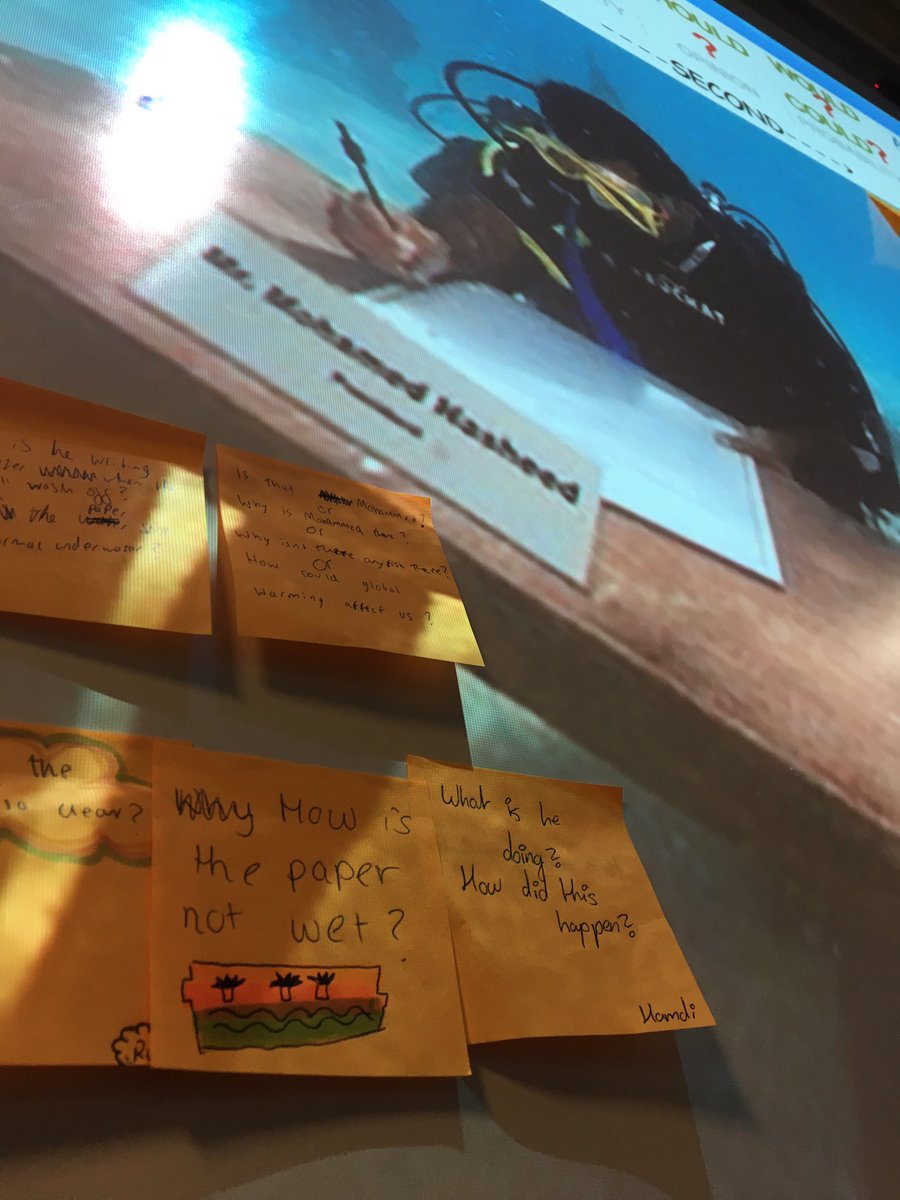 Joshgraphy's tweet photo. Wrapping up #climatechange by hooking Year 9 with an image former Maldivian President Nasheed working underwater. Great first attempt at a question grid and getting them to answer their own questions by the end of the lesson @WilliamHulmes https://t.co/h7tMfWbb7p