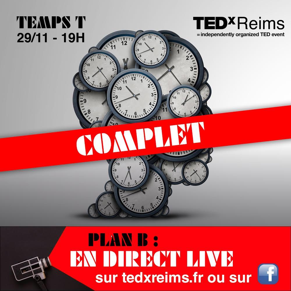⚠#Complet ! 😎 
Bonne nouvelle : 💡🎥 Nous diffusons la soirée en direct à 19h sur 👉 tedxreims.fr &amp; notre page Facebook 🎦 ! ⚠
<a href="/VilledeReims/">Ville de Reims</a> <a href="/ReimsTourisme/">REIMS Tourisme & Congrès</a> 

SOKOL Photographe