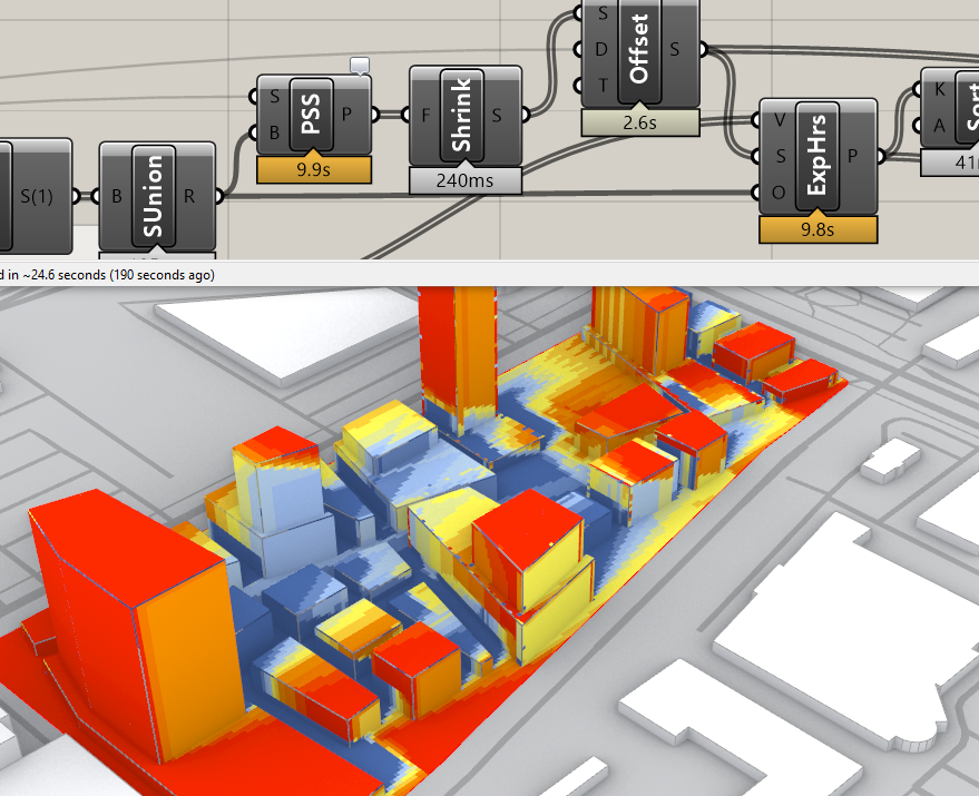 visualizor's tweet photo. 70k of samples on Brep. Just look at the (long) computing time. Yeah I know, meshes, meshes, use meshes... #rh3d #gh3d #insolation #designcomputation #rhinograss #grasshopper3d #infomodel #architecture #urbandesign https://t.co/73ZmzaW0Sf