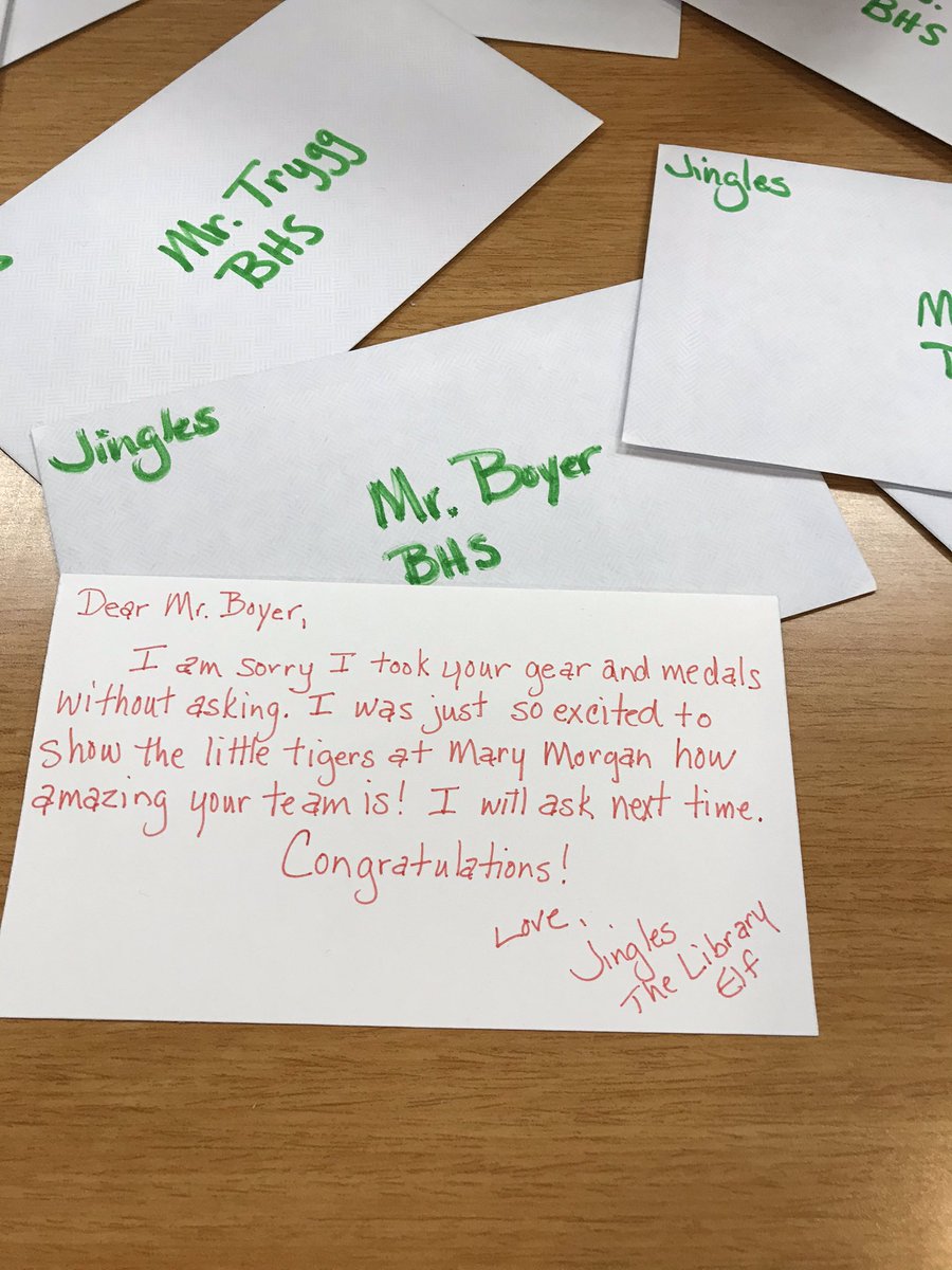 226LibraryLove's tweet photo. Yesterday our elf wrote apology notes for borrowing items from the high school without asking! https://t.co/TTfqr6O5O9