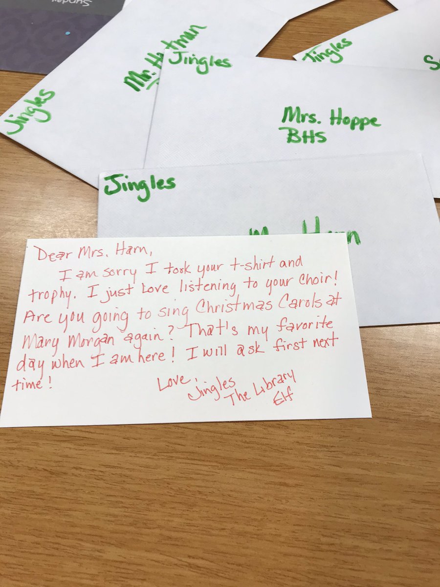 226LibraryLove's tweet photo. Yesterday our elf wrote apology notes for borrowing items from the high school without asking! https://t.co/TTfqr6O5O9