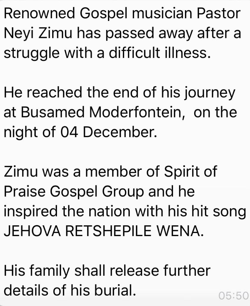 1SpiritOfPraise's tweet photo. Fam, it’s with great sadness that we have to inform you that Neyi Zimu has passed away last night. All the artist in SOP send sincere condolences to the Zimu Family. https://t.co/xbeZiDEr9n