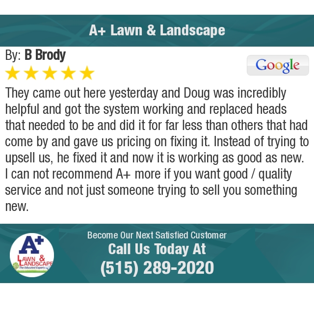 ApluslawnIA's tweet photo. 5 Star: B B. "They came out here yesterday and Doug was incredibly helpful and got the system working and..." https://t.co/6se3XO5O0c https://t.co/DlIX5wEktu
