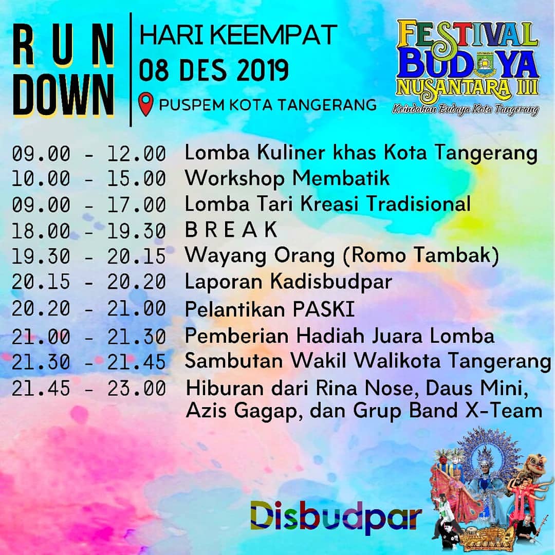 Kota_Tangerang's tweet photo. Festival Budaya Nusantara III HARIINI ✨
.
Ini dia rundown acara Festival Budaya Nusantara III, jadi jangan sampai kelewatan rangkaian acaranya ya😉
.
.
.
#festivalbudayanusantara3 #budayakotatangerang #eventtng #wonderfultangerang #tangerangkota https://t.co/Wm9SnwVv8b