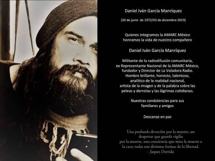 amarcmexico's tweet photo. Quienes formamos la #AMARCMEXICO lamentamos el fallecimiento de nuestro compañero Daniel Iván, quien fuera ex representante nacional de nuestra organización y ex director de @lavoladoraradio Descanse en paz https://t.co/ok61Bt5Dfh