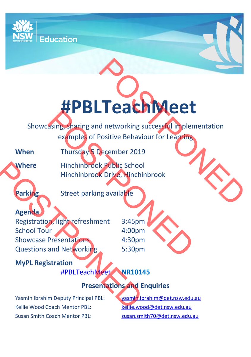 Due to the extremely, poor air quality, the #PBLTeachmeet at
Hinchinbrook PS this afternoon has been postponed.