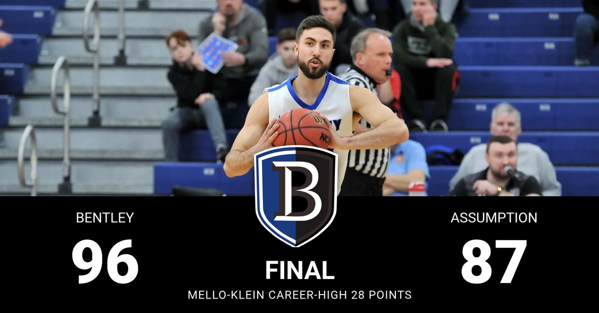Men's basketball improved to 7-1 as Mello-Klein, Hudson and Blust all scored at least 20.  Mello-Klein had a career-best and Hudson scored his 1000th! #BentleyU #BentleyNation #NE10Embrace