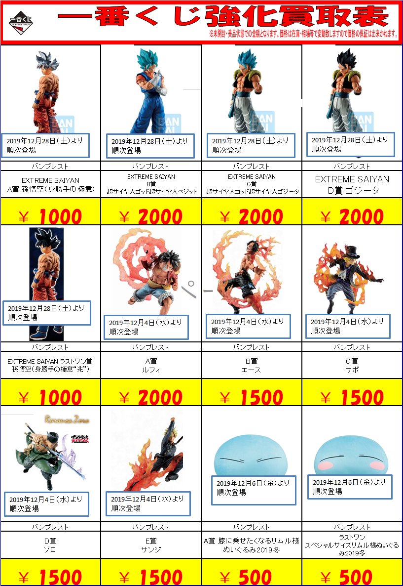 アキバのエックス アキバ中央店 駅前店限定 一番くじ 買取表更新しました ドラゴンボール と ワンピース を大幅強化 みんなの持ち込み待ってるぜ アキバのお店