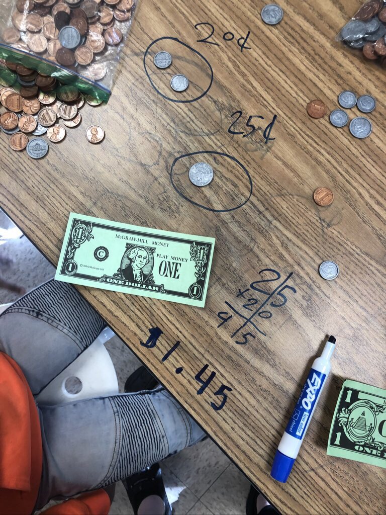 MrsForste's tweet photo. Student sharing with Dr. Trams @rtrams has been amazing! Today one of our students worked on adding while using money. At the end he smiled really big. I asked him how he felt and he said, “ Successful!” Proud of him! https://t.co/6CVOzDFM2A