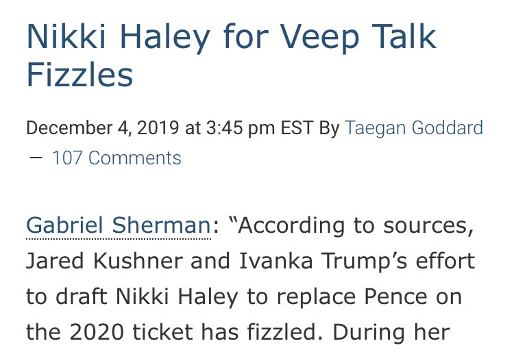 WHOA! Gabriel Sherman produces two Fake Sourced news items in one day:A) Kushner effort to draft  @NikkiHaley for VP fizzled; as if Trump was about to drop Pence for 2020.B) Trump finally agrees that Giuliani is a liability. Er, he is under federal investigation so duh.