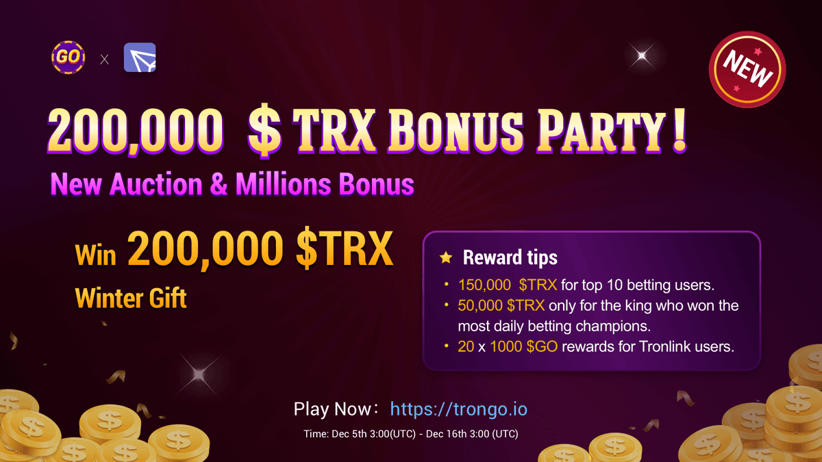 🔥200,000 #TRX Bonus Party gets started!
🧐New Auction &amp; Millions Bonus
🌈1.5% Banker Advantage / 💫The algorithm of random number/ 💥Efficient GO burning
📈Dividend pool constantly keeps rising...
👉Rt, like, follow, pick 10 for 1000 $TRX!
⭐️Win Now：trongo.io