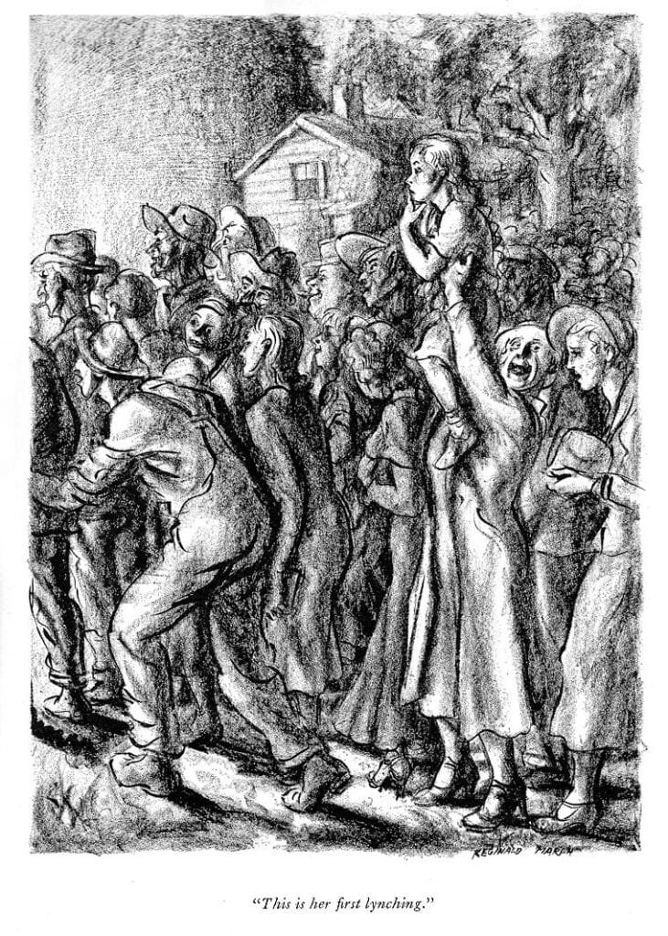 [The horror of all this did not go unremarked at the time. This is a New Yorker cartoon by Reginald Marsh from 1934.]