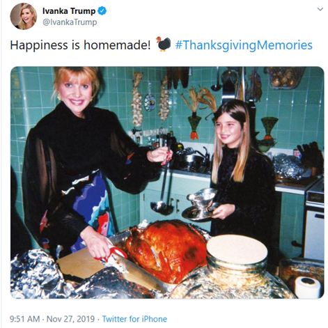 The relationship of Ringing the bell and Be Best. Then  @IvankaTrump with her mom and a nice g0lden turkey and gravy.