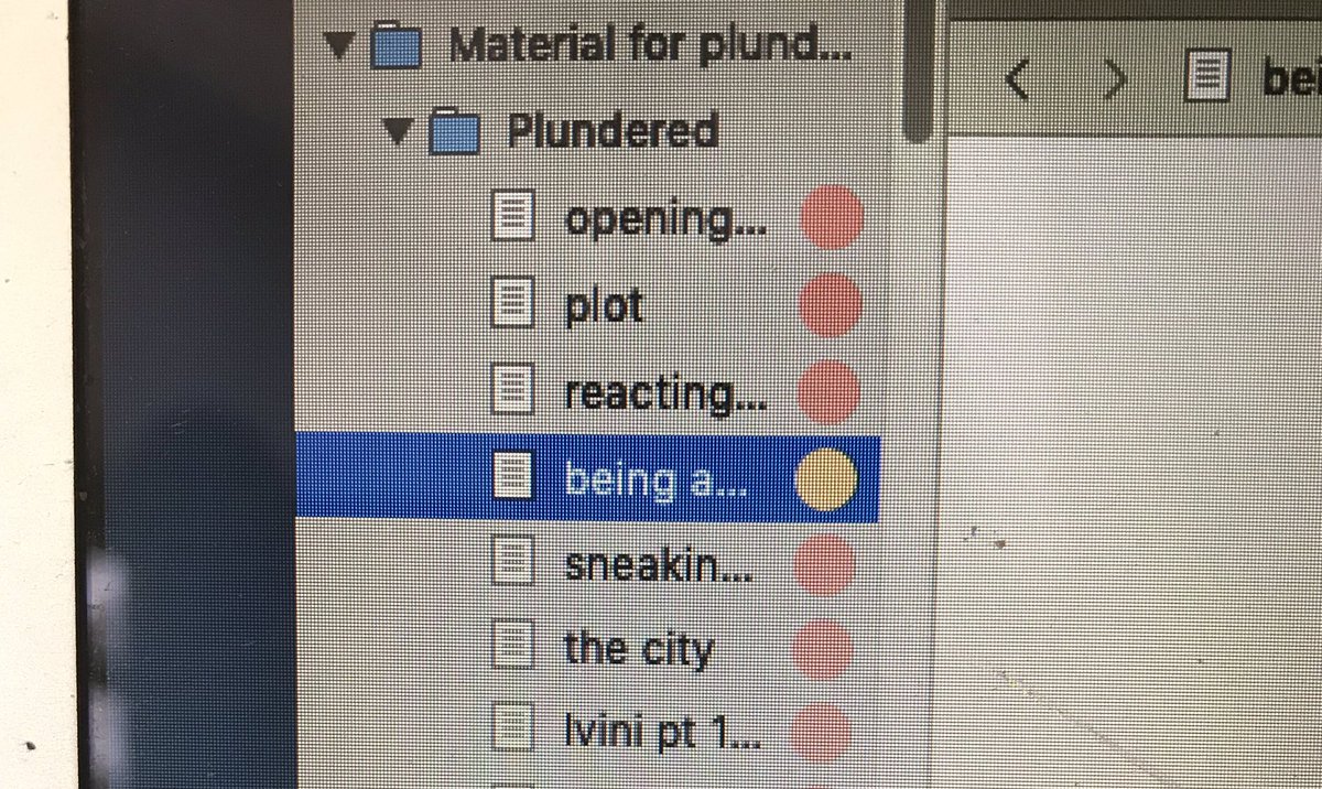 D5:-color coding as I cannibalize scenes for the new draft. Red for entirely/mostly, yellow for partially-move into a “plundered” folder once I I’ve taken everything I need-gradually arranging these fragments in order in the new draft