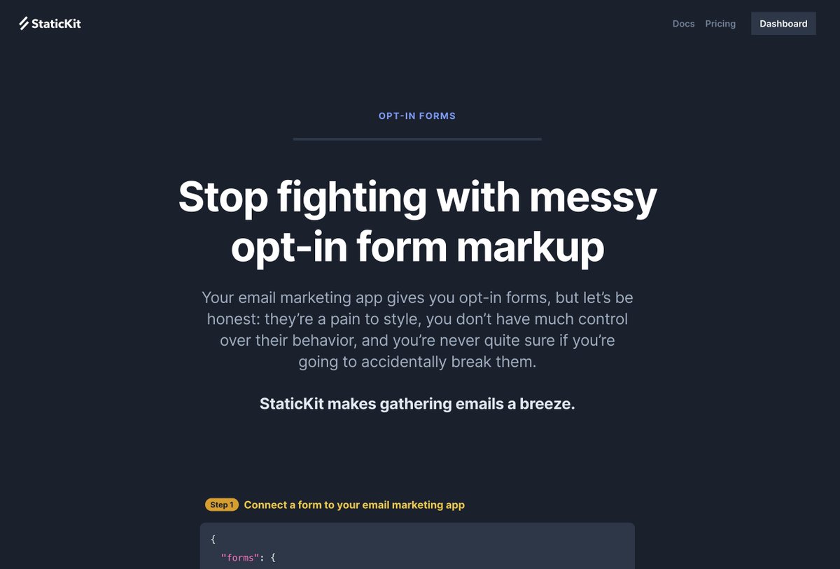 🚀 The first <a href="/StaticKit/">StaticKit</a> + <a href="/Mailchimp/">Intuit Mailchimp</a> form action is live. This lays the foundation for some really powerful integrations already in the works. statickit.com/opt-in-forms