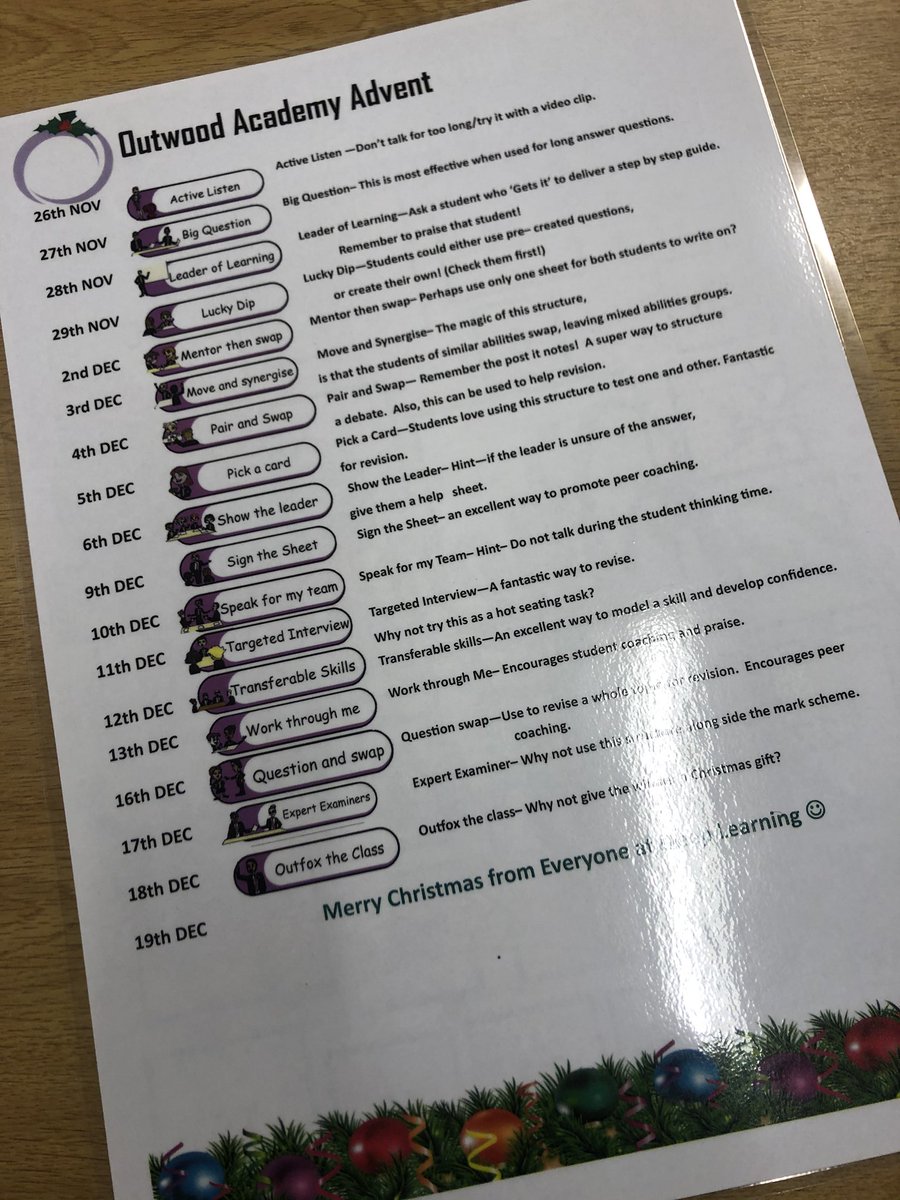 DeepOgat's tweet photo. What a super idea! @OutwoodDanum. Staff at OAD will be completing a Collaborative Learning Structure Advent calendar, to encourage variety in lessons. #improvinglearning #improvingconfidence https://t.co/w4cCO7tHvG