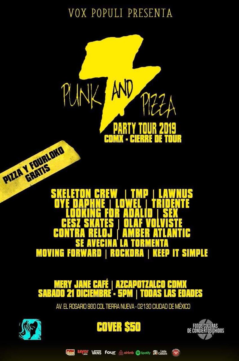 Nos vemos en el cierre del @PunkAndPizzamx a lado de bandas amigas como <a href="/TMPOficial/">TMP</a> <a href="/lowel/">Patrick LEFEVRE</a> @ceszskates <a href="/skeletoncrew/">skeleton crew</a> @lookingforadalid <a href="/olafvolviste/">olaf volviste</a> <a href="/AmberAtlanticMx/">∆MBER ∆TLANTIC</a> <a href="/OyeDaphne/">Oye Daphne!</a> <a href="/RockdraOficial/">Rockdra Oficial</a> <a href="/tridente/">AGROQUIMICA TRIDENTE</a> <a href="/movingforward/">Katrina</a>