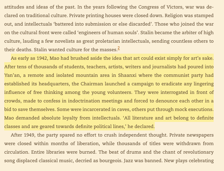 "students, teachers, artists, writers, and journalists were interrogated in front of crowds, made to confess in indoctrination meetings, and forced to denounce each other in a bid to save themselves...Mao demanded absolute loyalty from intellectuals" https://www.goodreads.com/book/show/26073079-the-cultural-revolution