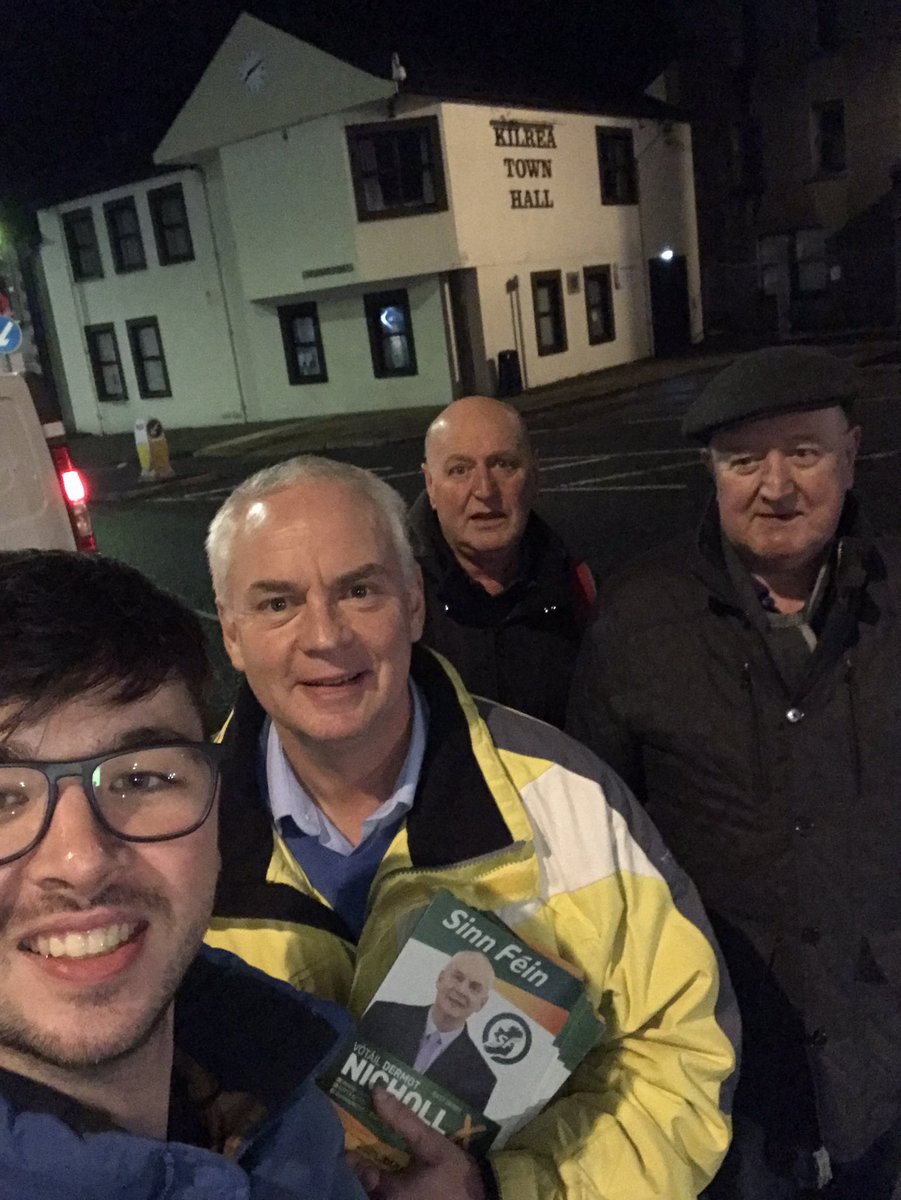 Good canvass on home soil this evening for @DermotNicholl in Kilrea. Message is clear from people. This election is about rejecting Brexit and the callousness of the DUP. 12th December it’s very simple #VótáilSinnFéin ✊🏼

ps; think Pat and Bodie seen a ghost in this pic btw 😂