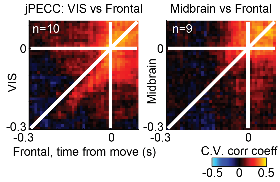 Using a new extension of the classic 'jPSTH' analysis, using canonical correlations to look at timing differences between population activity across simultaneously recorded regions locked to task events, we see indistinguishable timing across these different choice regions.