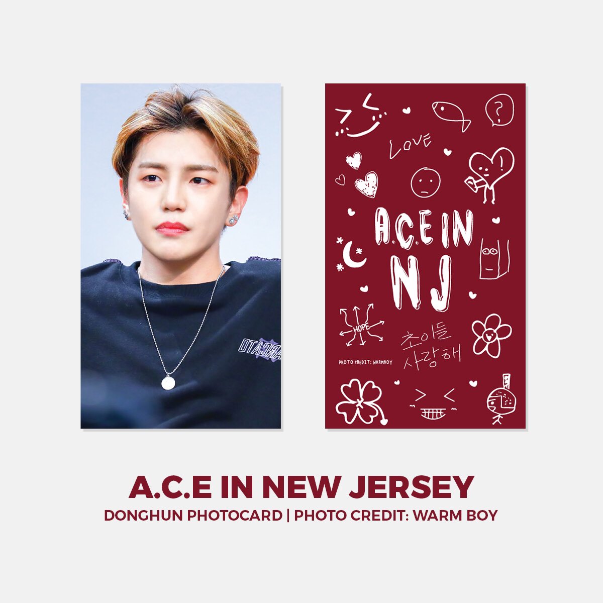 ACEinNJ's tweet photo. Our fourth photocard, we're so 🙈🙈🙈 for Donghun! (*≧∀≦*)

Thank you to @warmboy228 for the lovely photo ♪( ´θ｀)ノ

Form 🔗: https://t.co/f62QjOCVis 
Donations 🔗: https://t.co/mGvJ1pL4VS

#ACE #에이스 #ACEinNJ #삐딱선 #SAVAGE #THE_MAD_SQUAD https://t.co/ILsJPqzWIf
