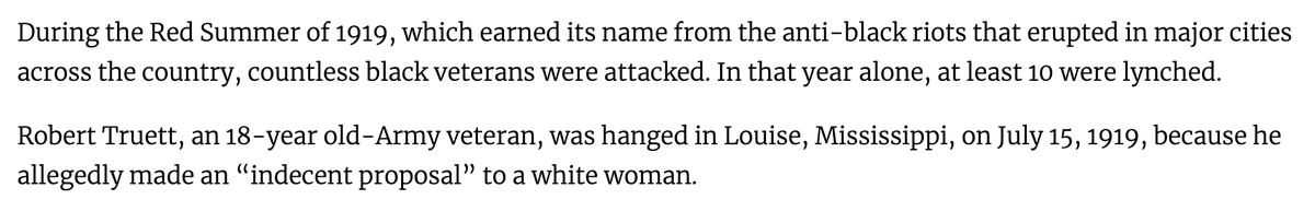 70) On July 15, another “insult to a white woman”—by another black WWI veteran, an 18-year-old named Robert Truett—in Louise, Mississippi, led to his lynching by a white mob. https://taskandpurpose.com/tragic-ignored-history-black-veterans